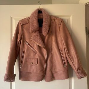 Pink faux leather fleece lined biker jacket